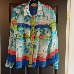 VTG 80s Sheer Floral Beach Ocean Waves Blouse Nautical Retro Eclectic Top Large